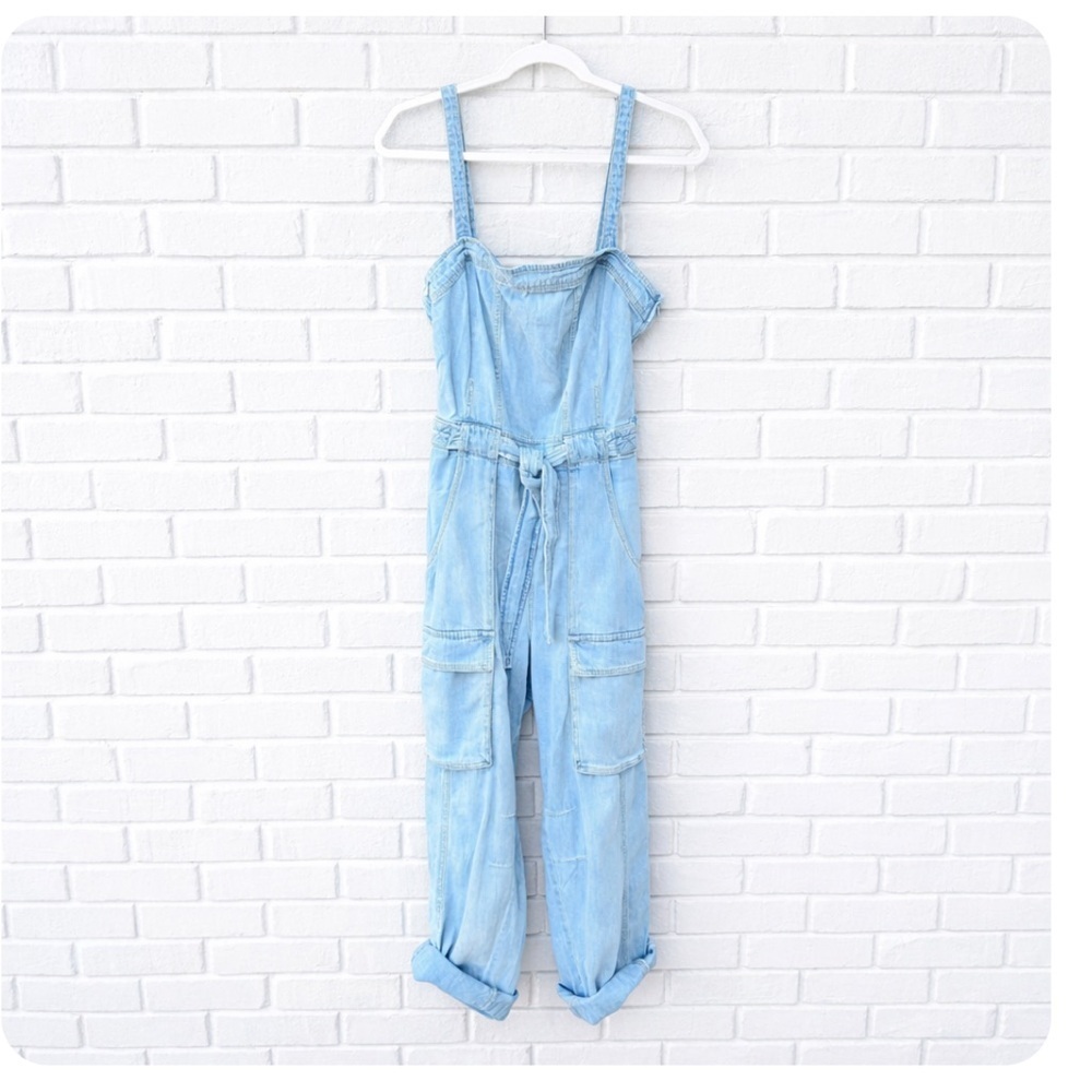 Free People Go West Utility Tie Waist Overalls Denim Blue Jean Jumpsuit NEW